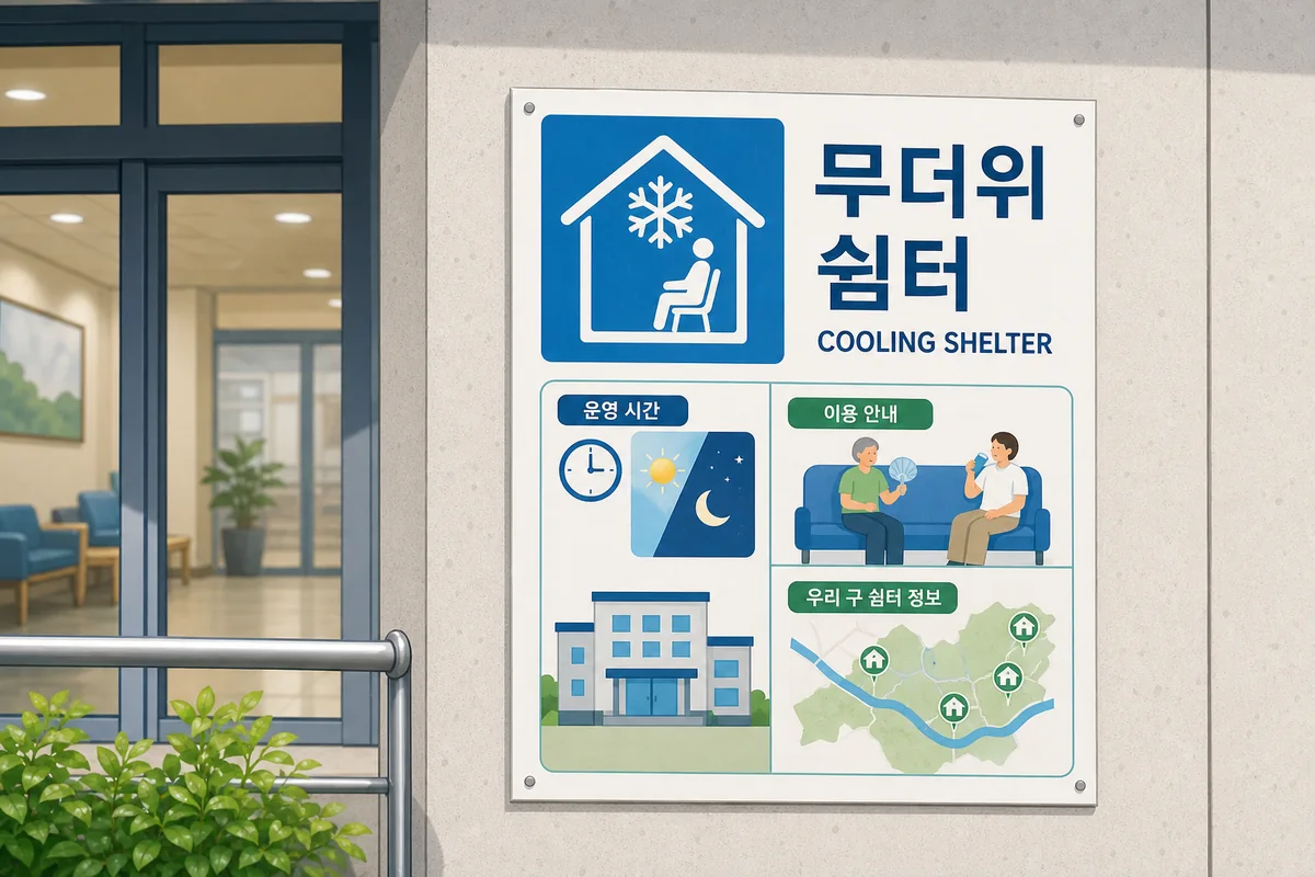 Korean notice for a cooling shelter showing hours and district information in Seoul