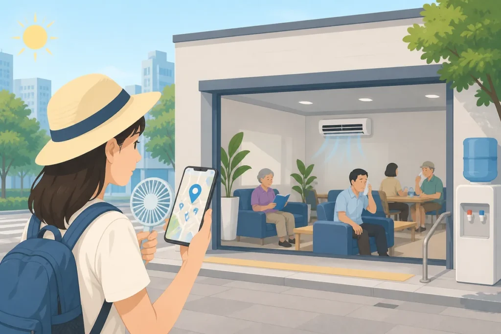 cooling centers seoul guide showing a tourist finding a nearby air-conditioned shelter in downtown Seoul