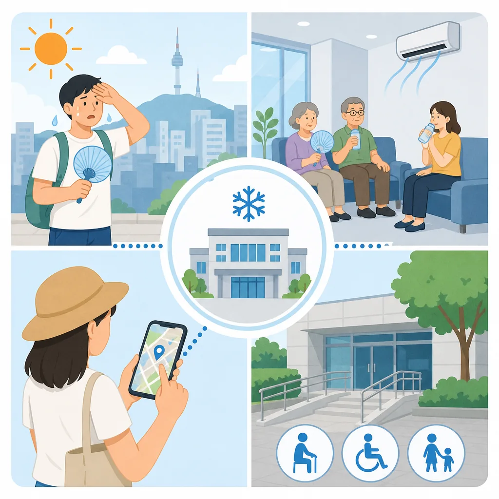 cooling centers seoul infographic with search steps, Korean signs, and help numbers