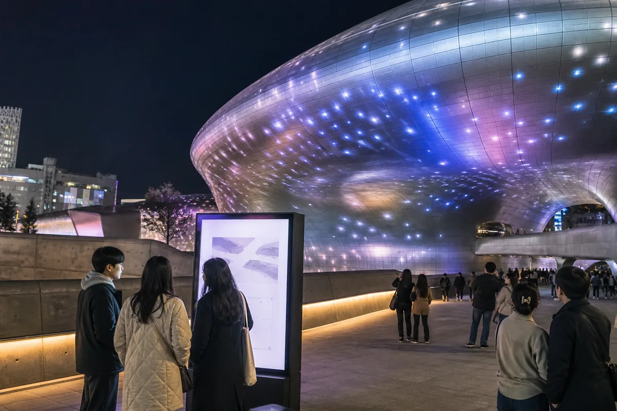 explore seoul night 2026 seoul at night with DDP 365 Light and visitors checking the evening schedule at Dongdaemun