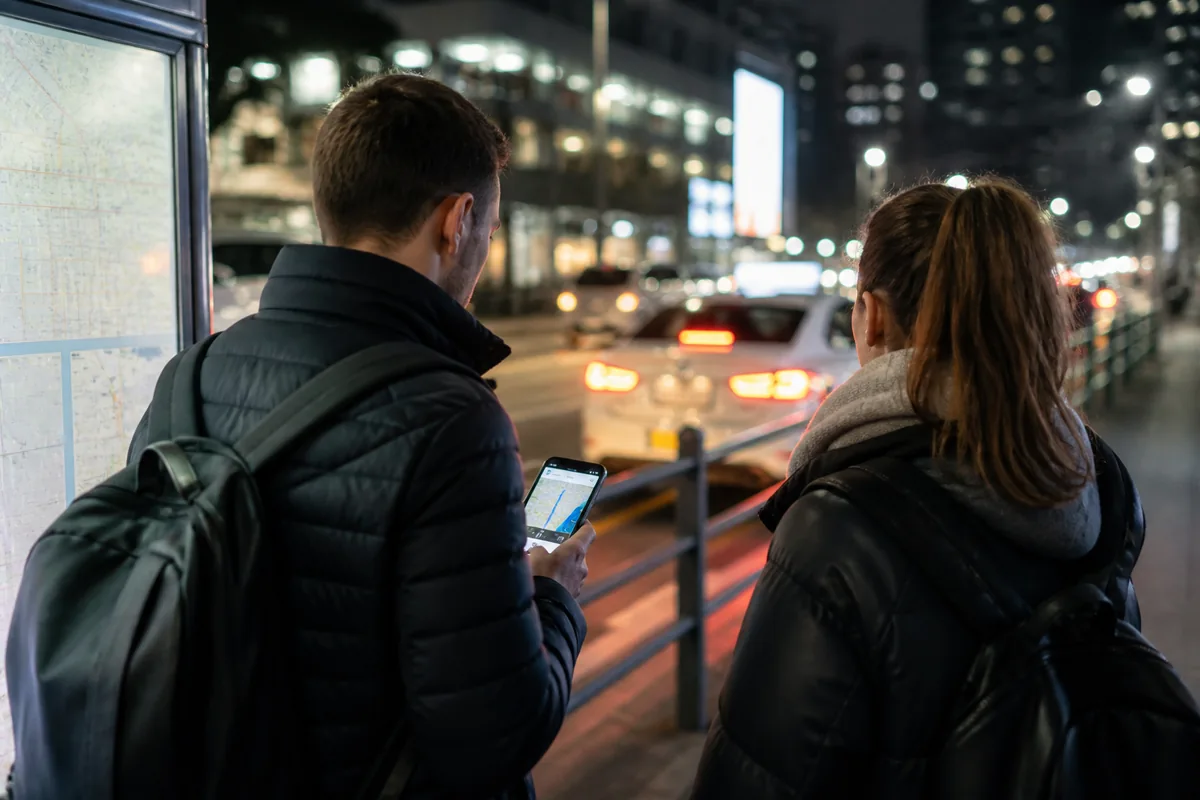 seoul at night transit scene with foreign visitors using a map app, taxi queue, and night bus stop