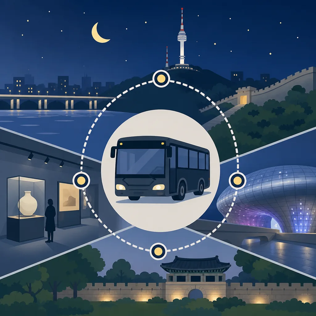 seoul at night comparison of Hongdae, Gwanghwamun, DDP, Myeong-dong, and Gangnam with late-night transport options