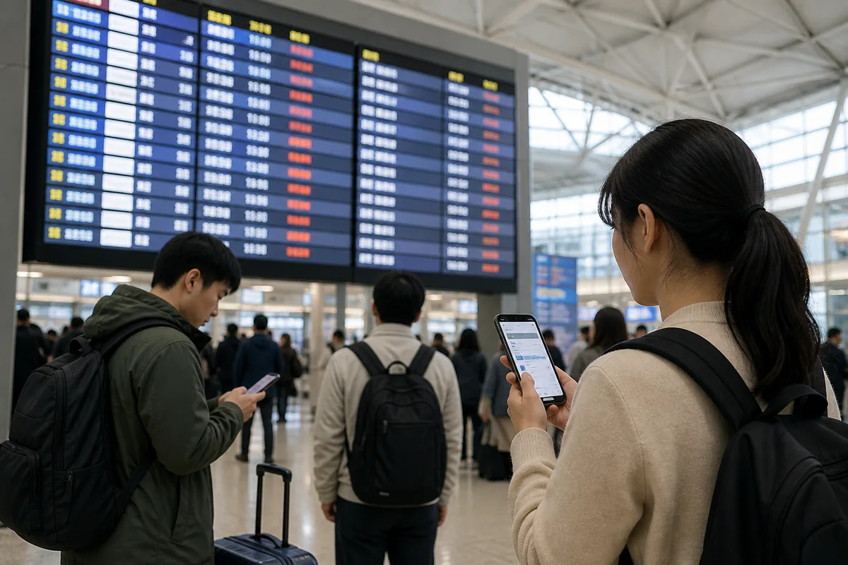 flight to korea delayed rebooking steps shown at airport departure board and airline app