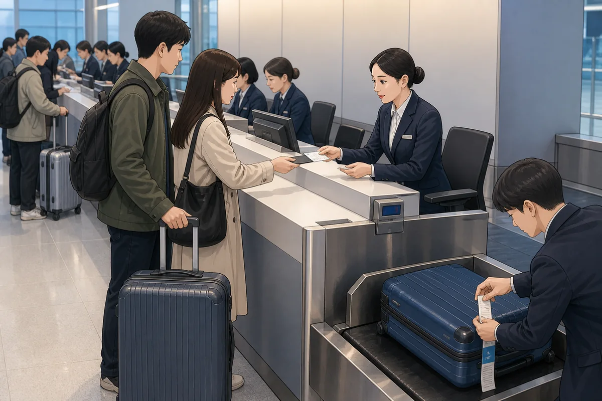 airline counter help for flight to korea delayed passengers asking about baggage transfer
