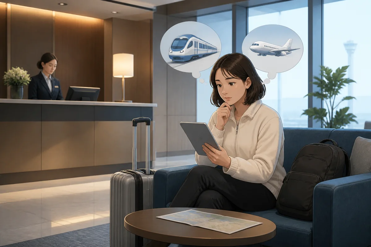 travelers deciding hotel and onward transport after flight to korea delayed by weather