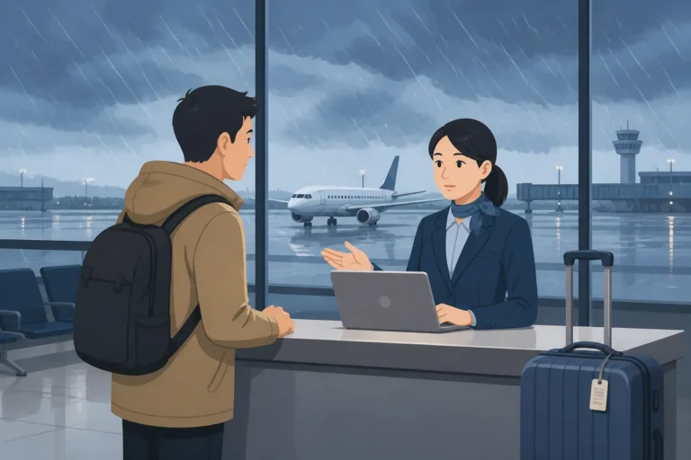 flight to korea delayed weather disruption at airport with traveler checking airline app