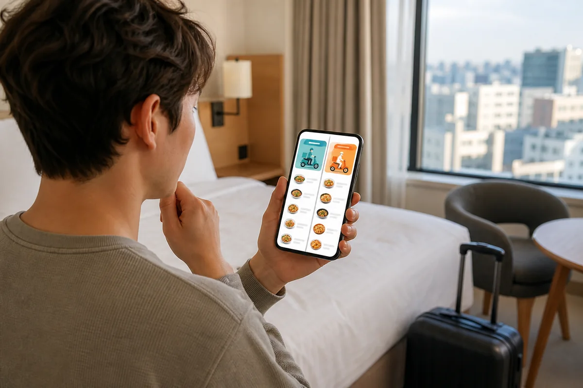 food delivery korea app comparison for foreign visitors on a hotel phone screen