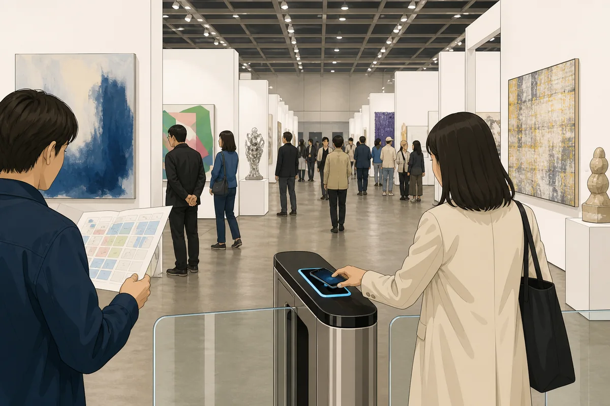 art fair aisle with frieze seoul gallery booths and visitors