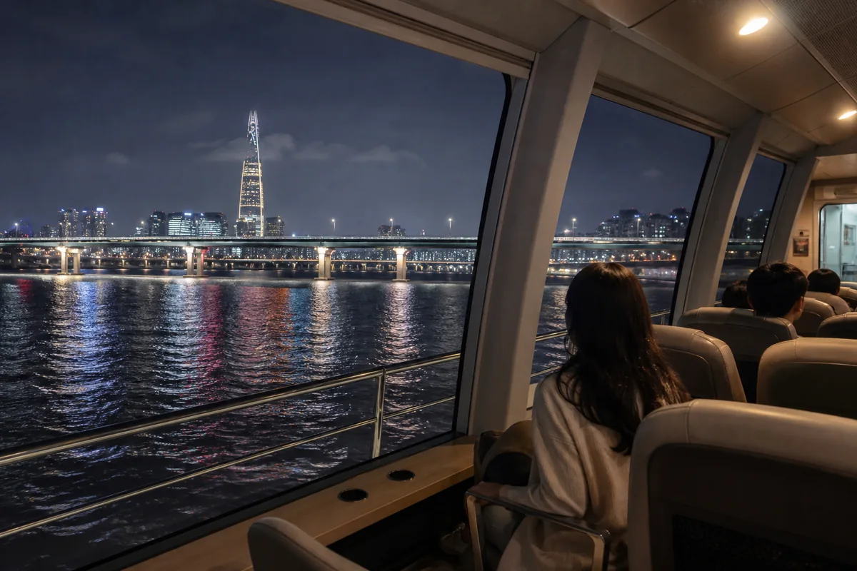 night view from Hangang Bus over the Han River with Seoul skyline lights