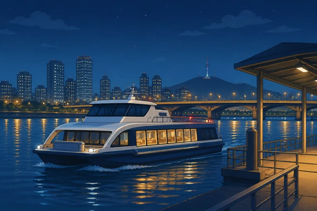 hangang bus night service 2026 hangang bus night service timetable check at a Seoul riverside pier at dusk