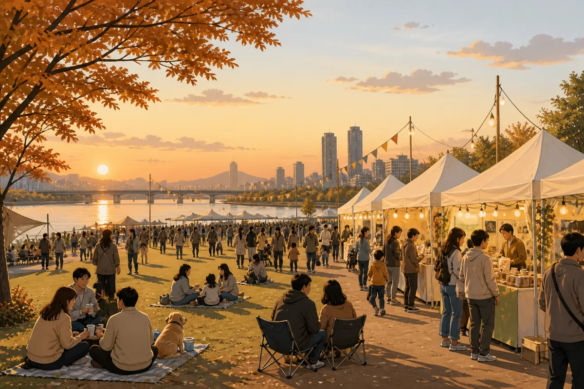 hangang river festival fall 2026 hangang river festival program area at Yeouido Hangang Park with evening market stalls and stage lights