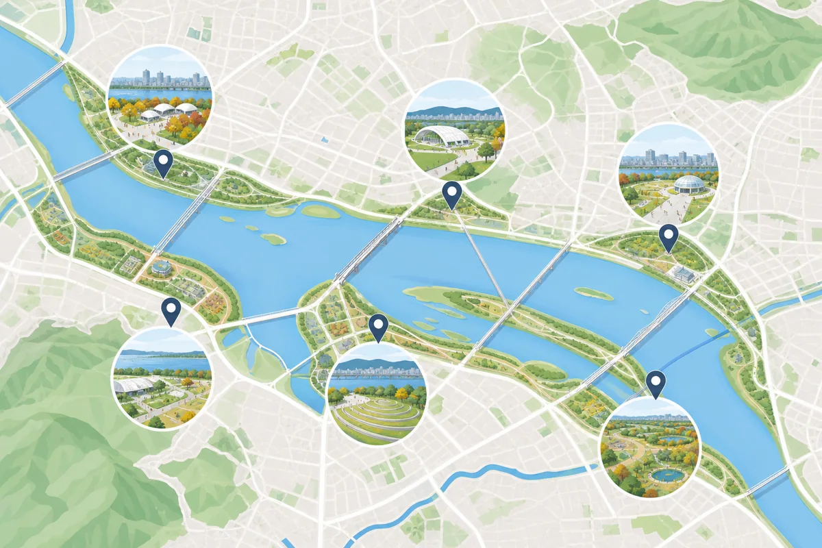 hangang river festival map showing Yeouido, Banpo, and Ttukseom Hangang Park locations along the river