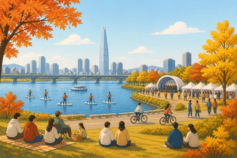 hangang river festival fall 2026 at Yeouido Hangang Park with autumn crowds and riverside booths