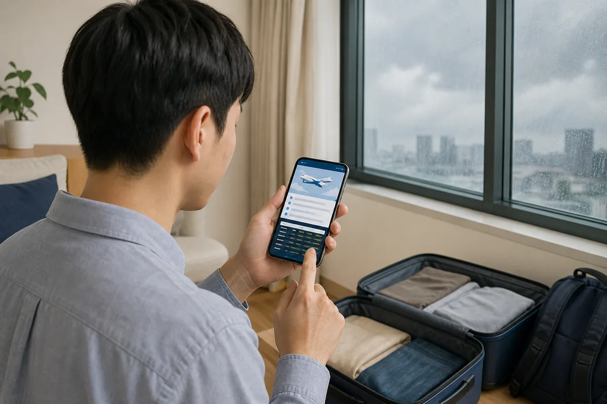 incheon airport during typhoon Traveler checking the incheon airport typhoon status on an airline app before leaving for the airport