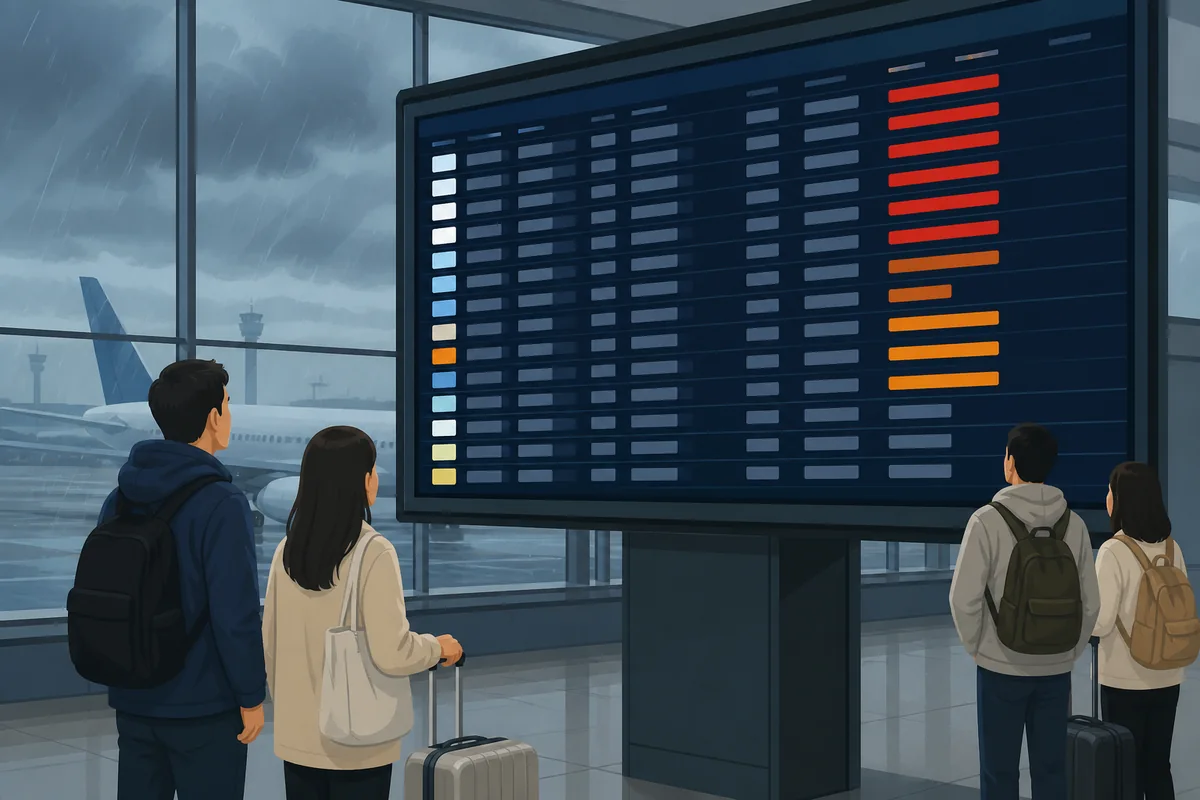 Incheon Airport departure board showing delay and cancellation updates during a typhoon