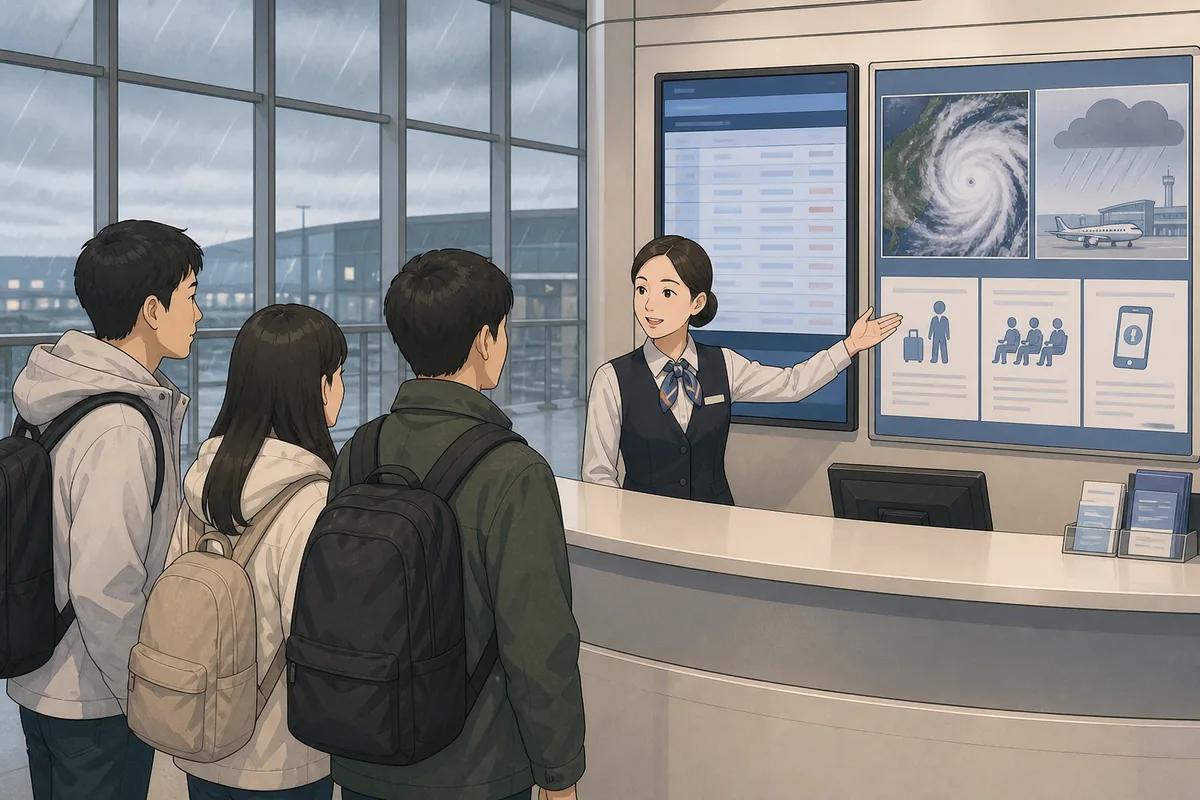 Airport staff helping a passenger find official notices and flight status information