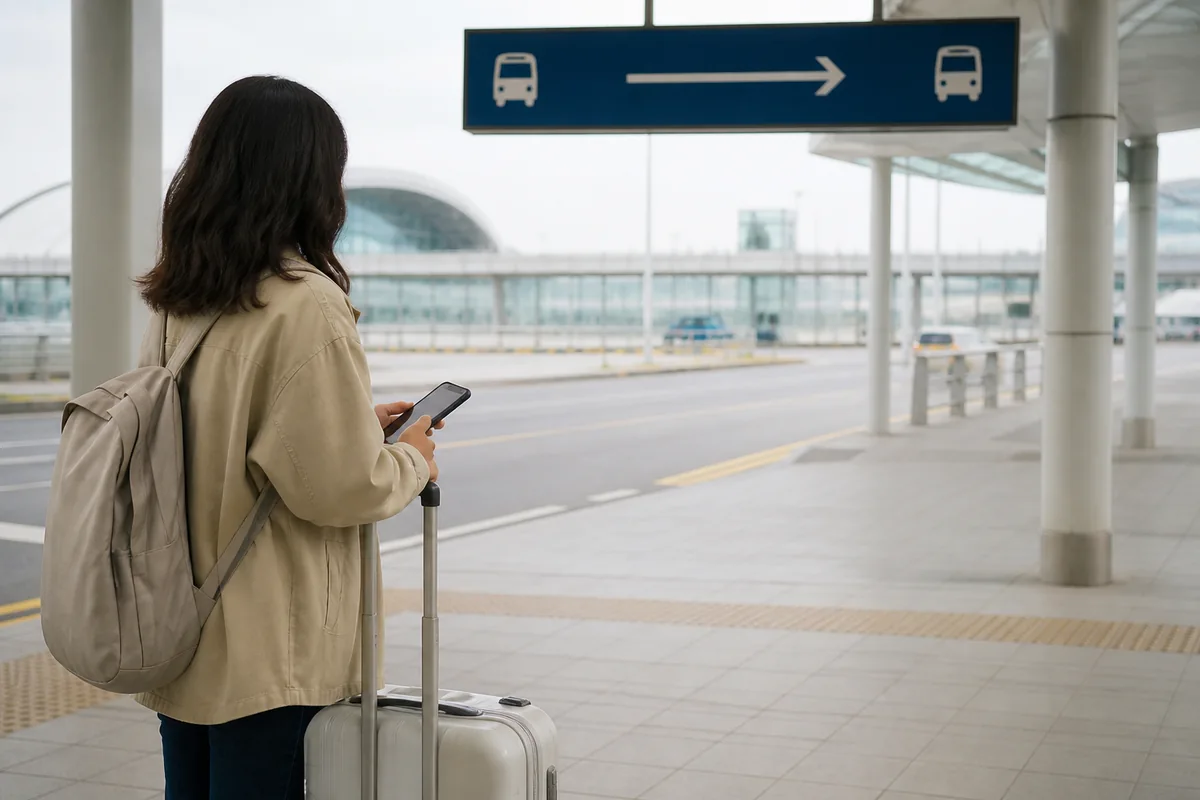 traveler at the wrong terminal at Incheon Airport looking for the shuttle bus to switch terminals