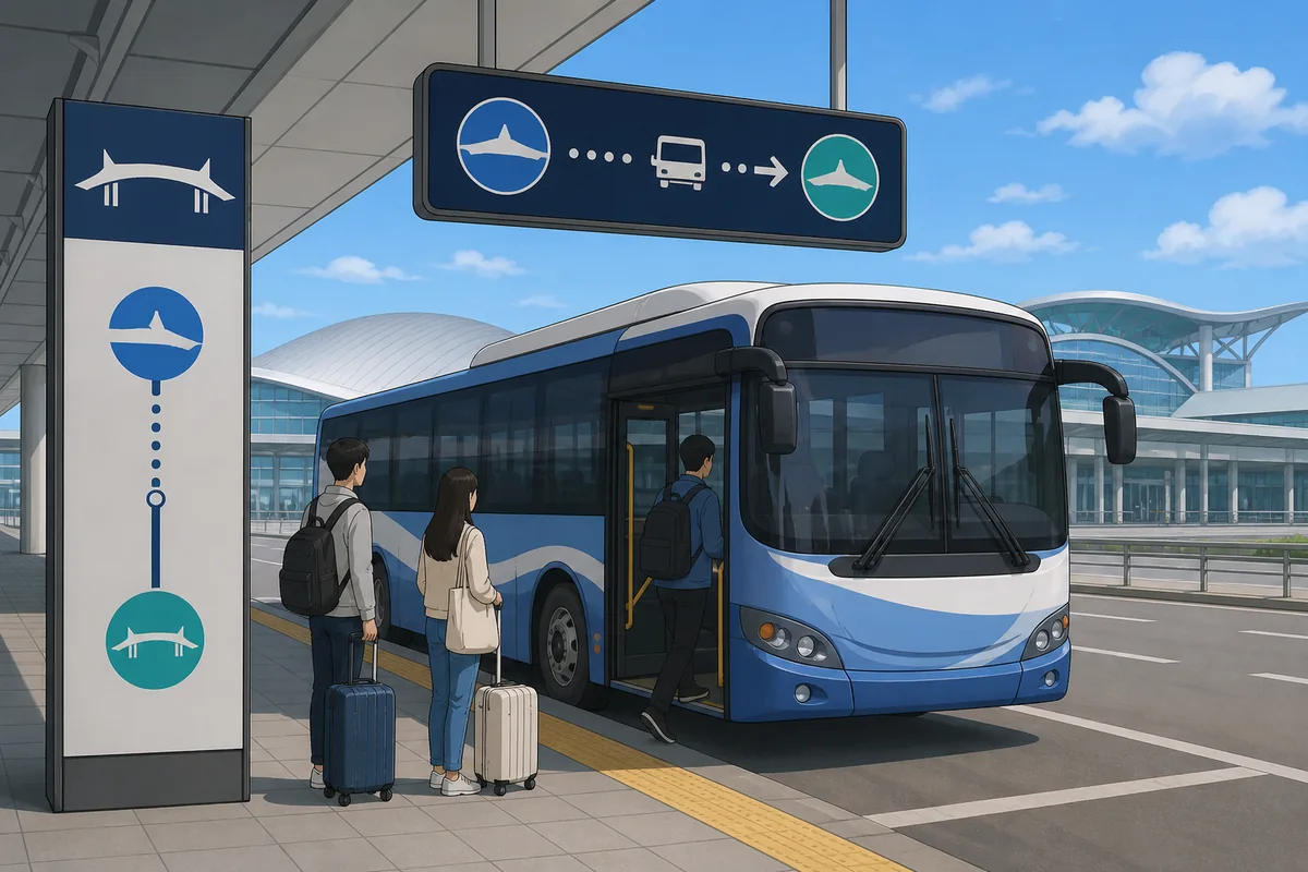 Incheon Airport shuttle and AREX transfer signs between Terminal 1 and Terminal 2