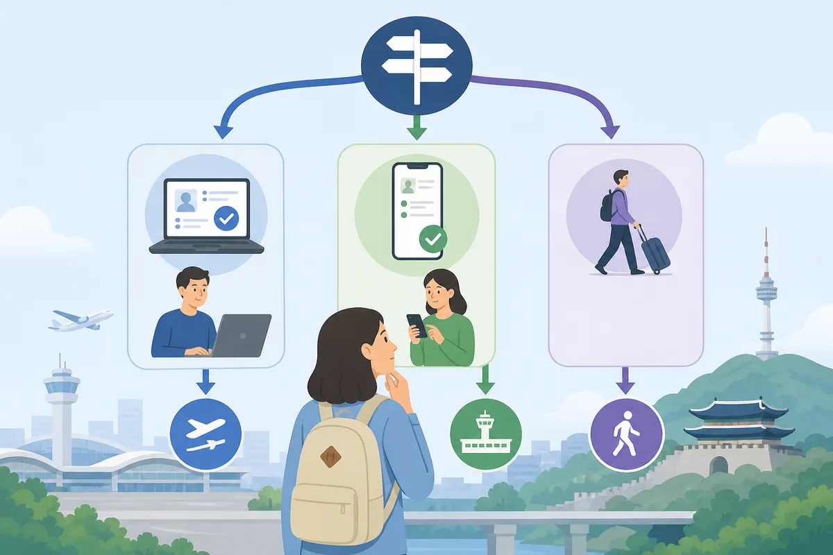 decision flow for k eta vs korea e arrival showing whether to apply K-ETA, submit the e-Arrival Card, or both