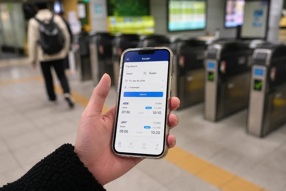 Korail plus app route search highlighting Seoul Station and Suseo Station options