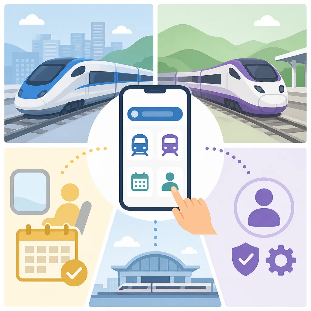 Korail plus app flow showing old separate booking paths versus one integrated KTX and SRT search