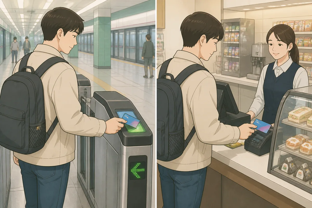 foreign traveler tapping korail pass plus on a subway gate and paying at a convenience store