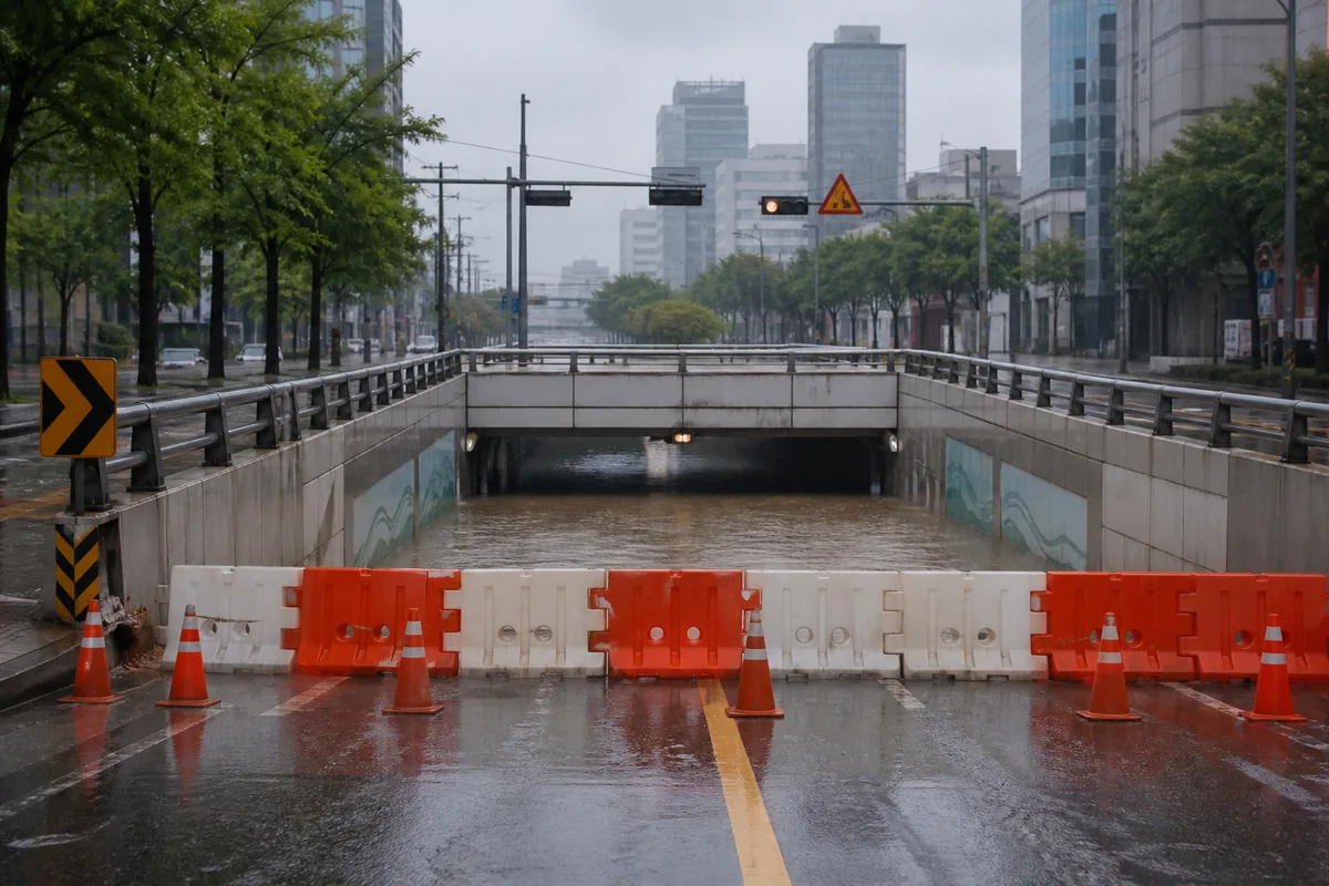 korea heavy rain travel guide heavy rain travel guide showing a closed underpass and flood barrier in Korea