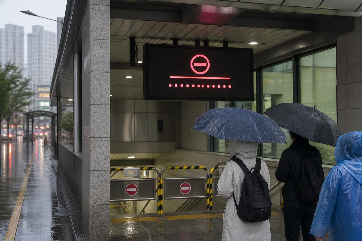 subway station notice board with a service suspension alert during heavy rain