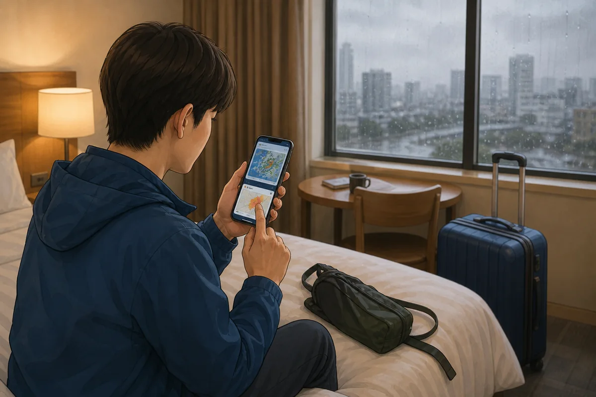 traveler checking official rain and transit alerts on a phone in Korea