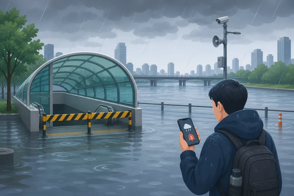 korea heavy rain travel guide heavy rain travel guide for checking flood alerts and subway closures in Korea