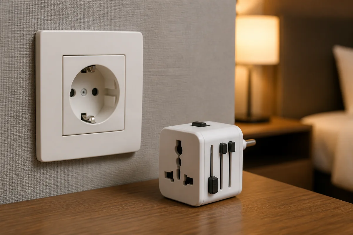 korea plug type voltage korea plug type close-up of a round two-pin outlet with a plug adapter beside it