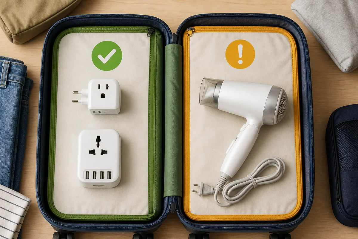 packing layout for korea plug type showing adapter, dual-voltage charger, and hair dryer separated by use case