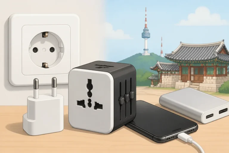 korea plug type voltage korea plug type guide showing a round two-pin outlet and a travel adapter in a Korean hotel room