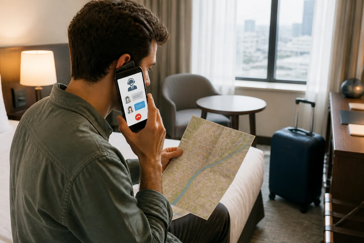 korea s 1330 travel helpline explained Traveler using the 1330 travel helpline on a phone for live help in Korea