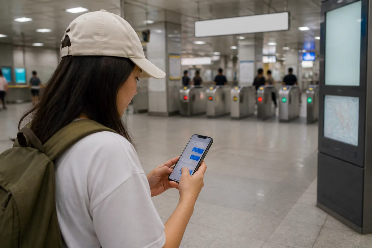 Visitor using chat to contact the 1330 travel helpline at a subway information area