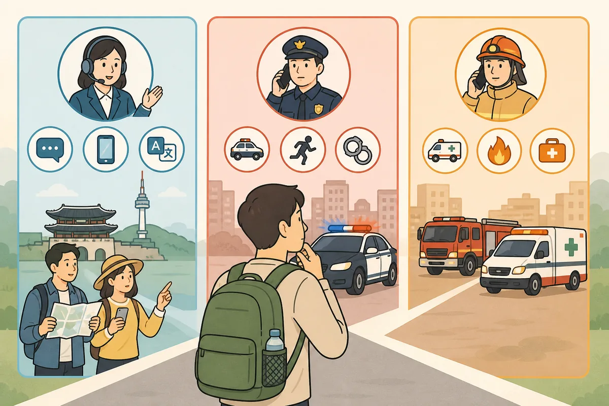 Simple comparison showing 1330 travel helpline versus 112 and 119 in Korea