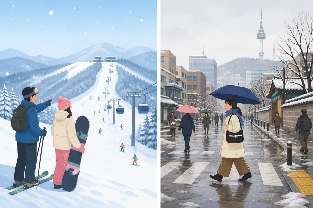korea winter trip snow comparison between Seoul city streets and ski resorts