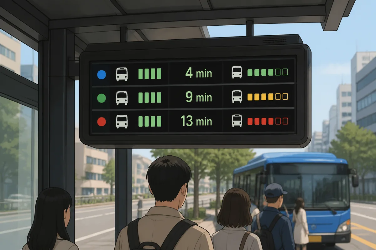 korean bus stop displays explained Korean bus stop displays with route numbers and arrival times in minutes versus stops away