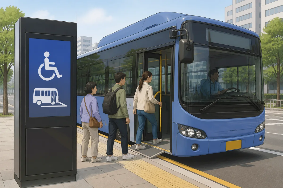 Korean bus stop displays highlighting the 저상 low-floor bus label