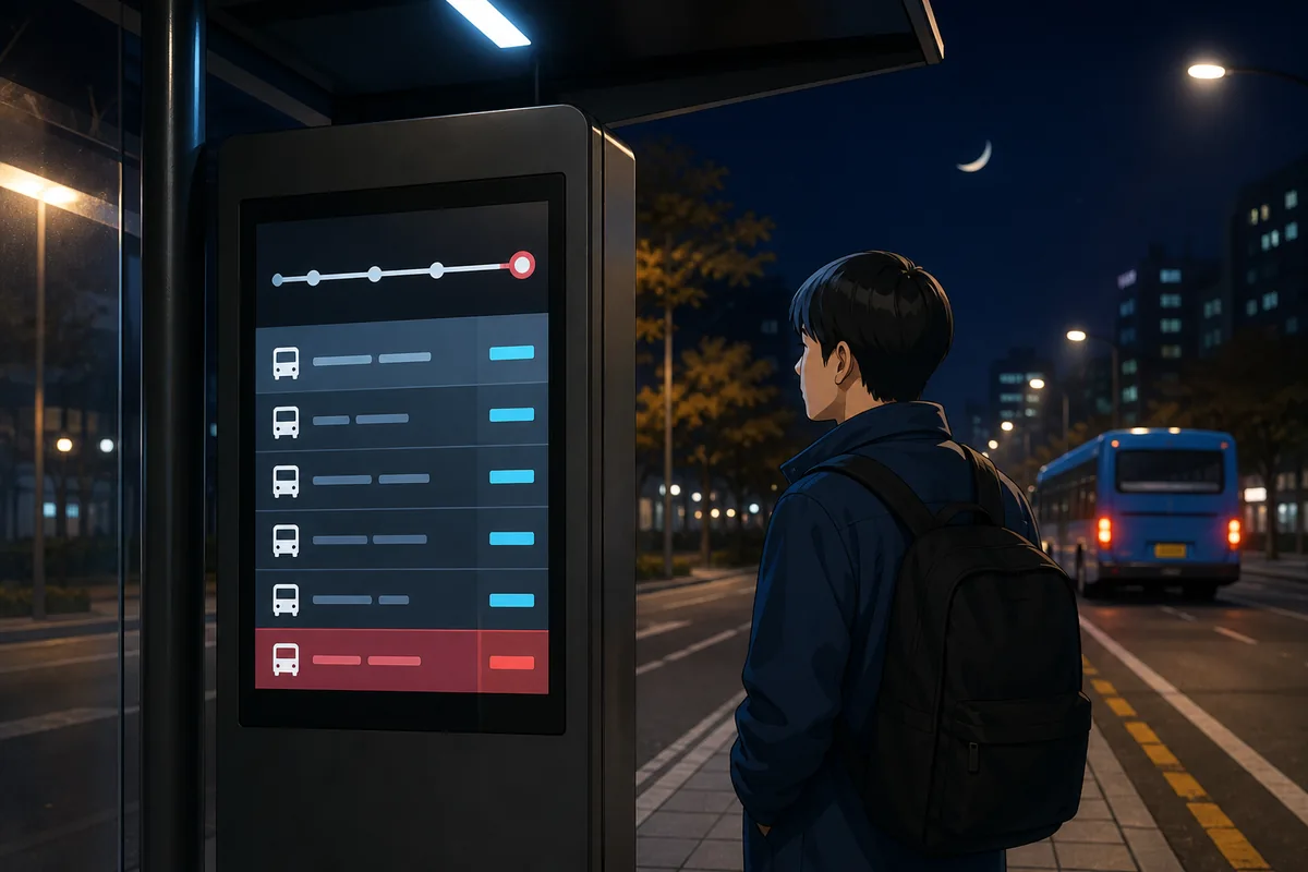 Korean bus stop displays at night showing 막차 last bus information