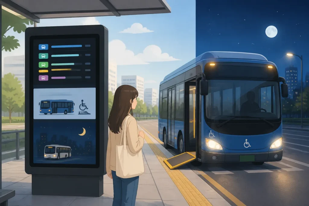 korean bus stop displays explained Korean bus stop displays showing arrival times, low-floor bus labels, and last bus information