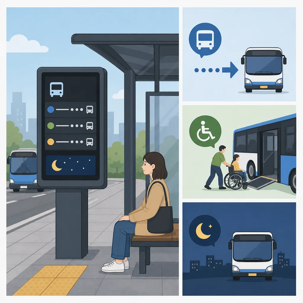 Korean bus stop displays explained: route number, minutes, stops away, 저상, 막차, and 운행 종료
