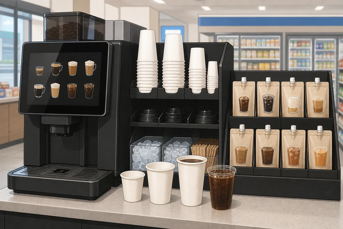 korean convenience store coffee machines explained Convenience store coffee cups and pouch options beside the convenience store coffee machine