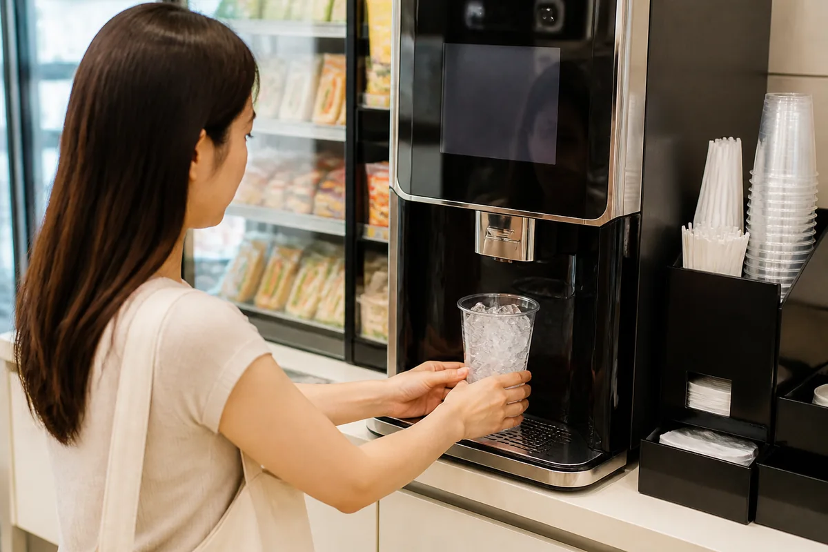 Ice cup placed under a Korean convenience store coffee machine before brewing