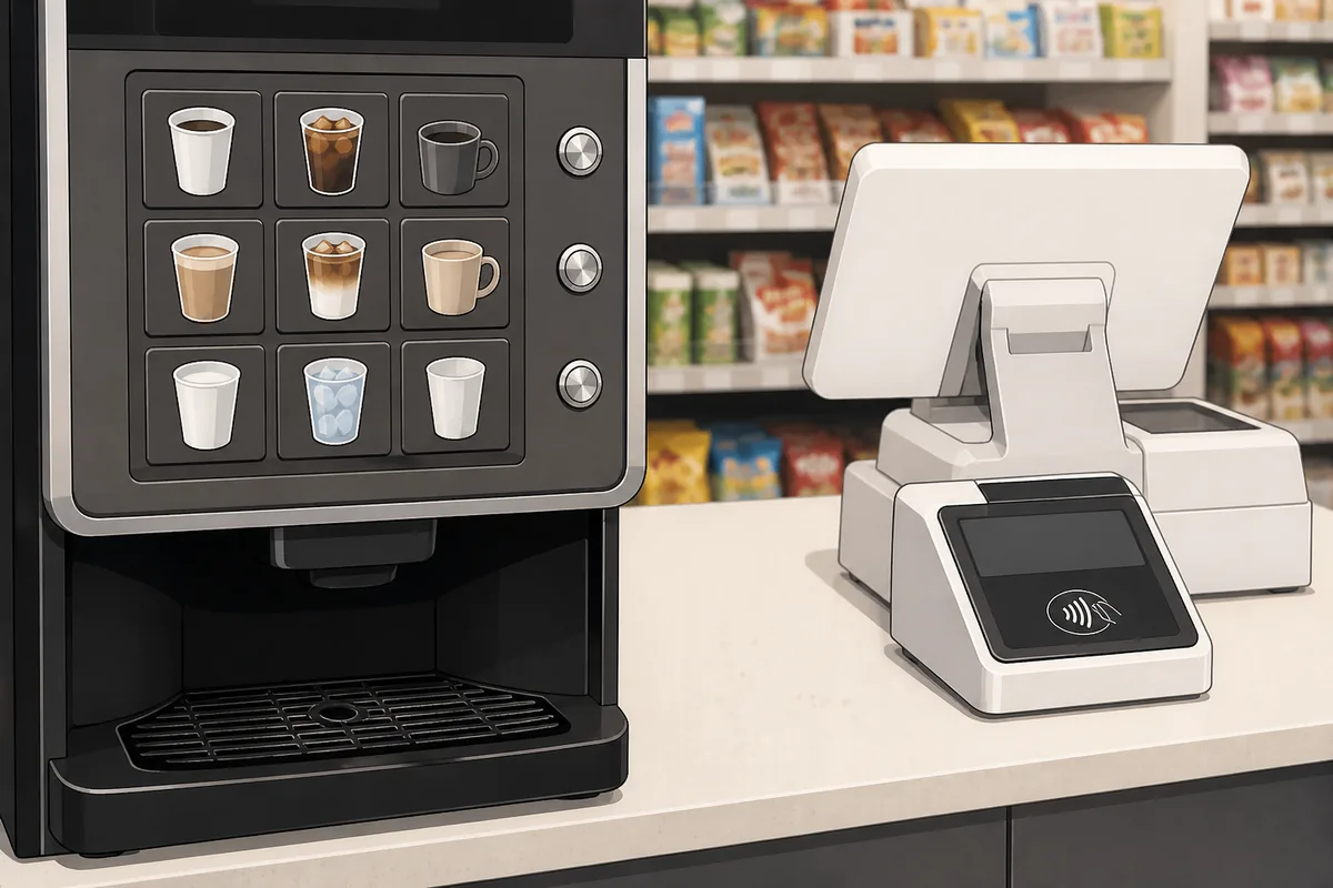 Coffee machine buttons and payment instructions at a Korean convenience store