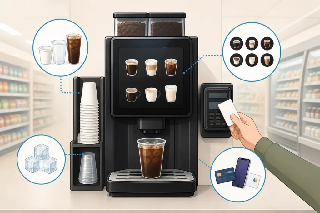 korean convenience store coffee machines explained Convenience store coffee machine in Korea with cups, ice, and payment sign visible