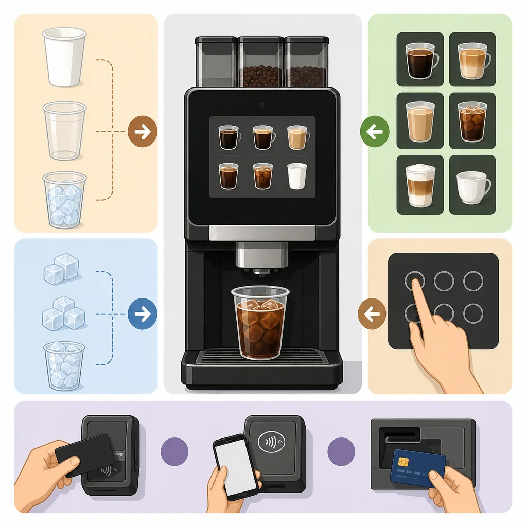 Step-by-step convenience store coffee flow in Korea: cup, ice, payment, then machine button