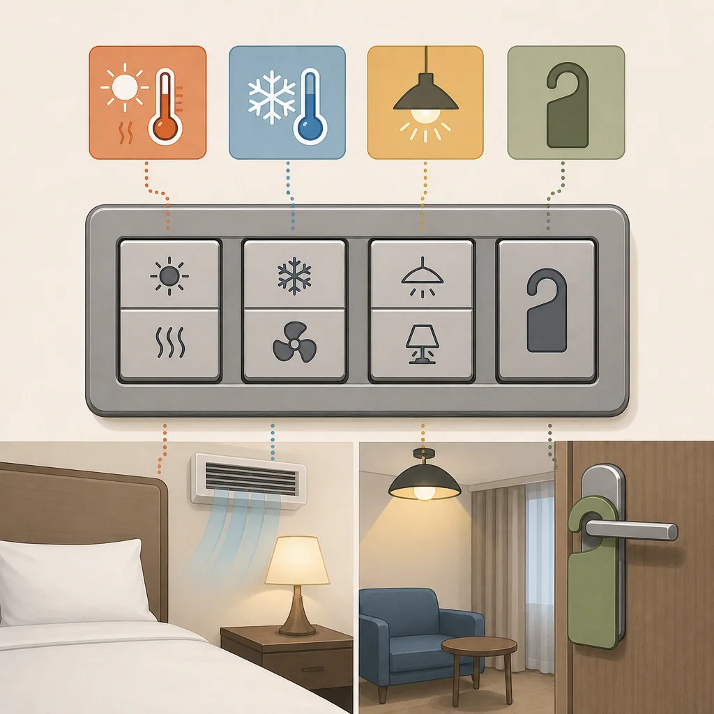 simple korean hotel room controls flow from card slot to lights to heating cooling and privacy buttons