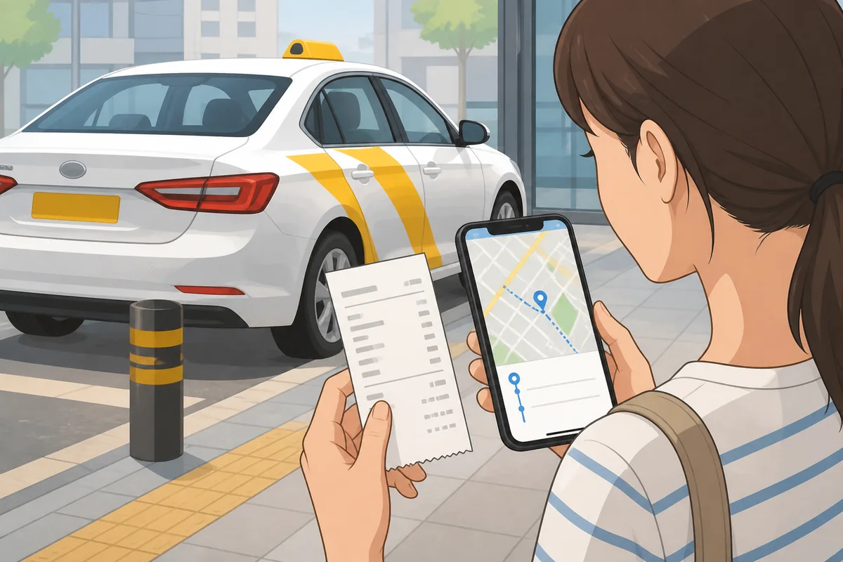 korean taxi receipts route comparison with total fare toll and surcharge