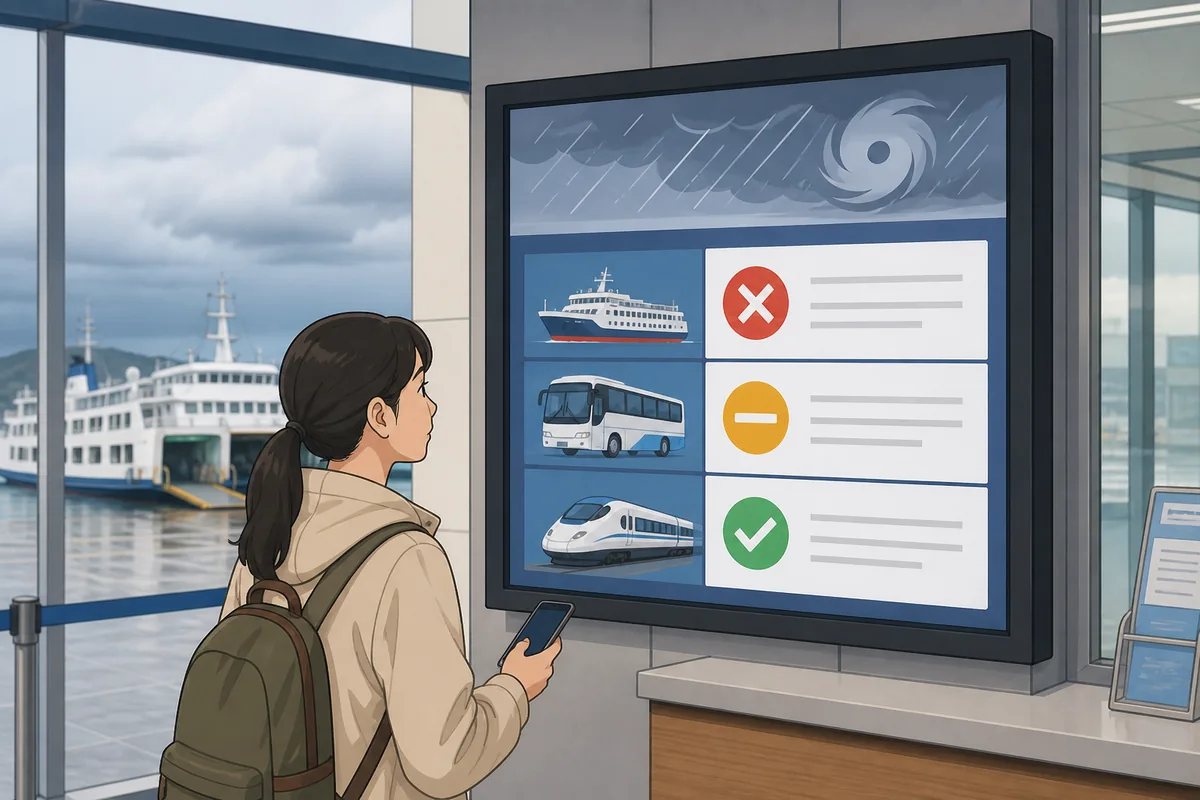 Ferry terminal notice board showing ktx buses ferries typhoon service changes